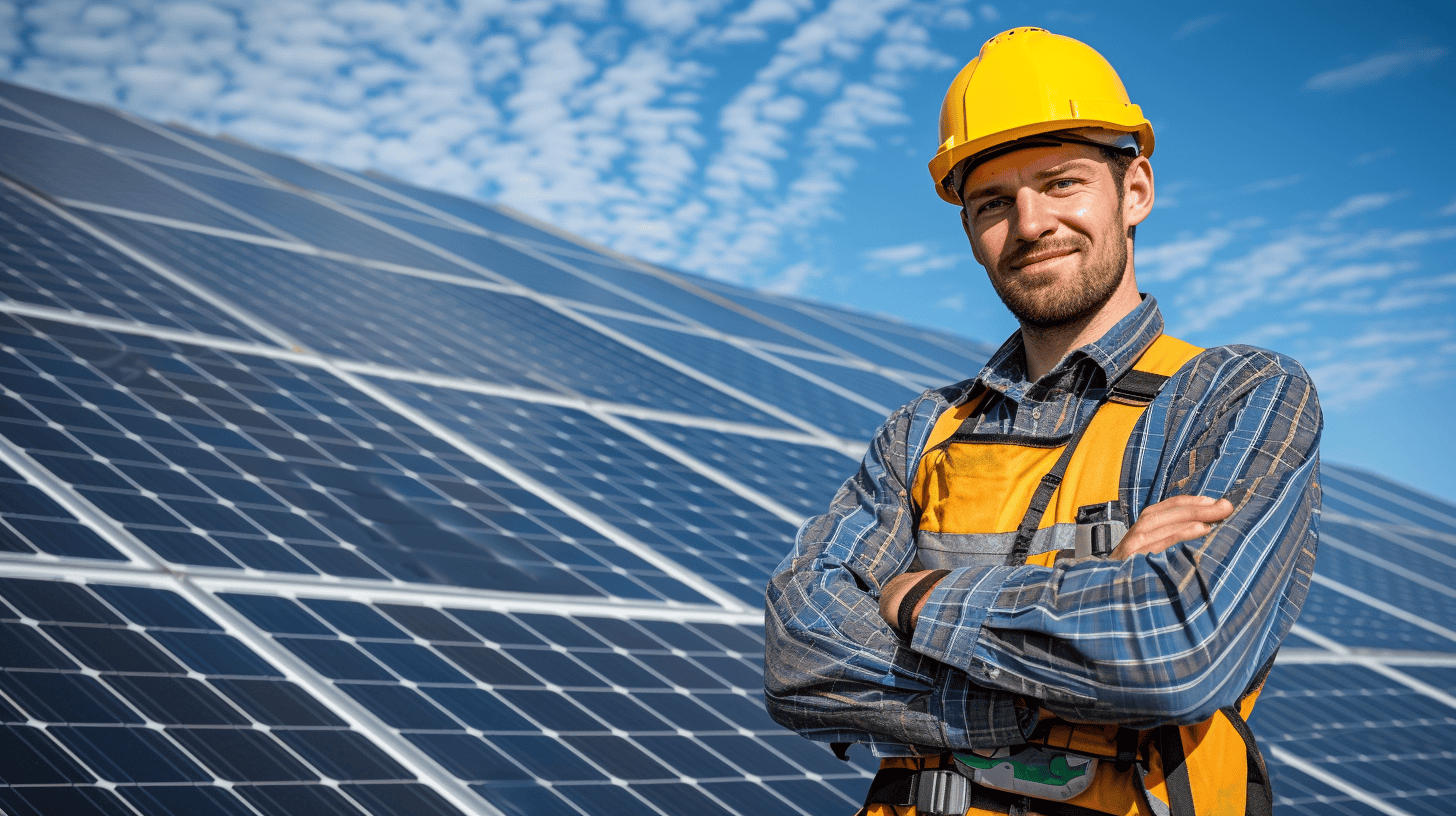 Installateur met zonnepanelen op de achtergrond